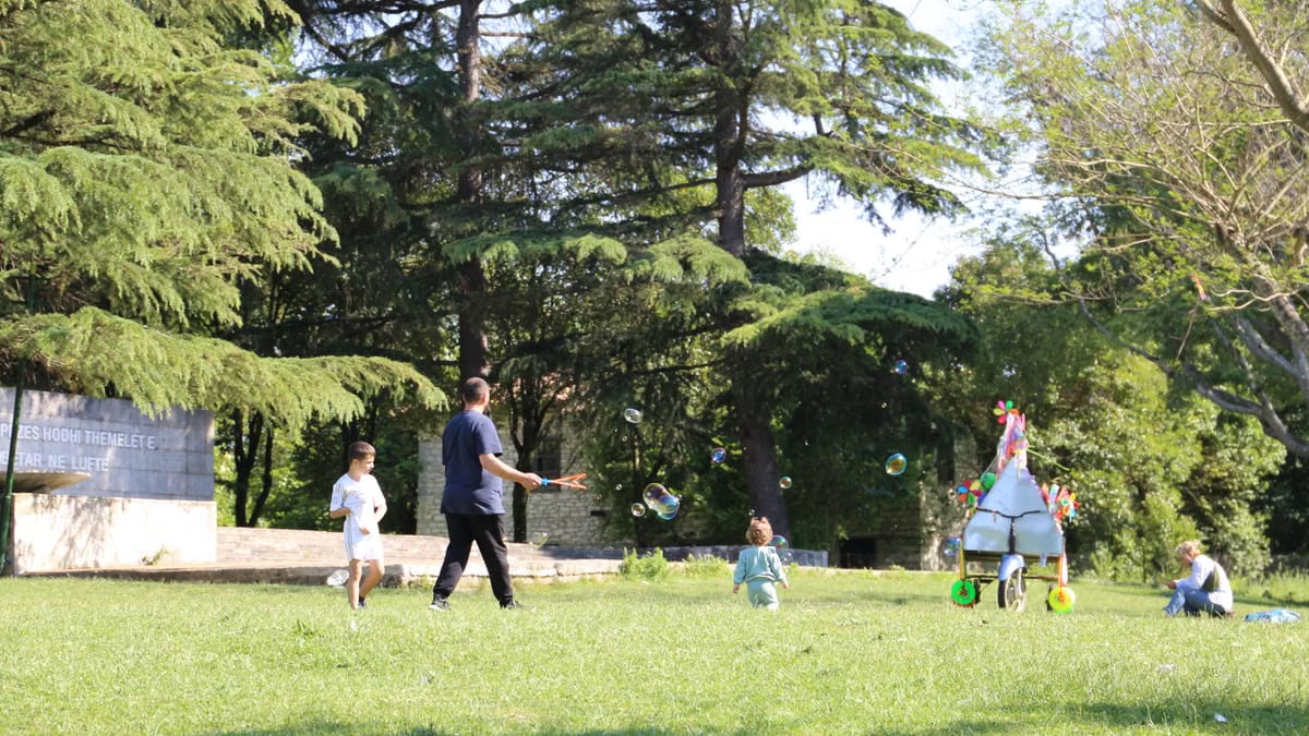 Joyful scene of children playing with bubbles in a sunny park surrounded by trees.